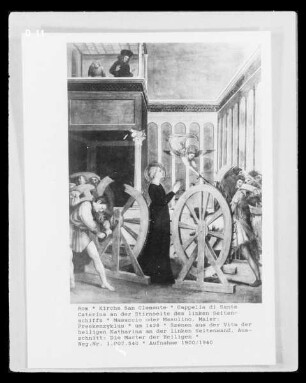 Freskenzyklus mit Szenen aus dem Leben der Heiligen Katharina und des Heiligen Ambrosius, sowie der Darstellung der Kreuzigung Christi — Szenen aus dem Leben und Martyrium der Heiligen Katharina von Alexandrien — Die Heilige Katharina wird vor der Räderung durch einen Blitzstrahl vom Himmel gerettet