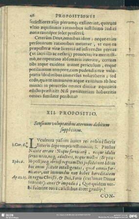 XII. Propositio. Sensuum voluptatibus aeternum debitum supplicium