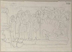 Grabstein christlicher Zeit, unter dem Portikus von Santa Maria in Trastevere zu Rom eingemauert, Jonas mit dem Untergang von Ninive