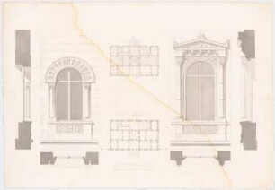 Werke der höheren Baukunst, Darmstadt 1856 Herrschaftshaus: Grundriss Erdgeschoss, 1. Obergeschoss, Details der Fenster
