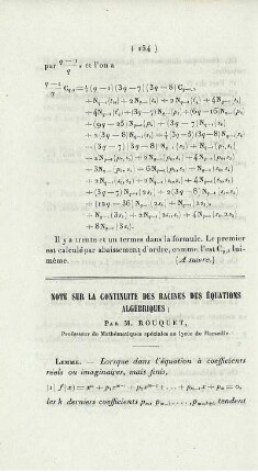 Note sur la continuité des racines des équations algébriques.