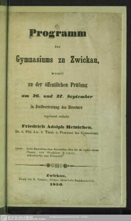 1849/50: Programm des Gymnasiums zu Zwickau : womit zu der öffentlichen Prüfung ... ergebenst einladet