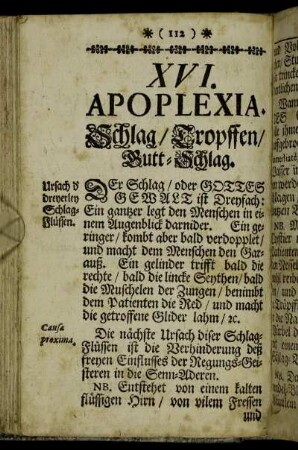 XVI. Apoplexia. Schlag/ Tropffen/ Butt-Schlag. - XVII. Epilepsia. Fallende Sucht.