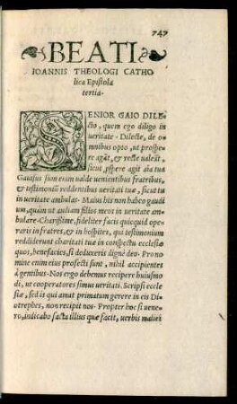 Beati Ioannis Theologi Catholica Epistola tertia.