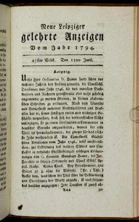 47stes Stück. Den 13ten Junii.