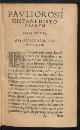 Pauli Orosii Hispani Historiarum Liber Primus.