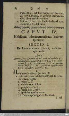 Caput IV. Exhibens Hermeneuticam Sacram specialem