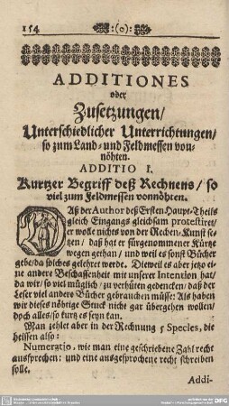 ADDITIO I. Kurtzer Begriff deß Rechnens/so viel zum Feldmessen vonnöthen.