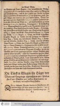 Die Türcken schlagen ihr Läger vor Wien/und fangen zu approchiren an / ...