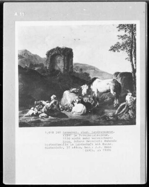 Ruhende Hirtenfamilie in Landschaft mit Ruine