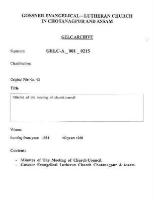 Minutes of the Meeting of Church Council