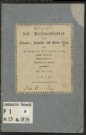 Zivilstandsregister der katholischen Gemeinde Altenbergen, Kreis Höxter (GHT 1814) (Gemeinde: Katholische Gemeinde Altenbergen, Kreis Höxter)