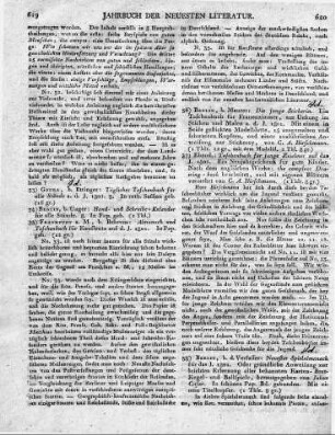 [Sammelrezension:] 1) Berlin, b. Maurer: Die junge Stickerin. Ein Taschenbuch für Frauenzimmer, zur Uebung im Sticken und Malen a. d. J. 1801. Mit einem in Seide gestickten Modelblatte, 15 ausgemalten und schwarzen Kupfern, und einer ausführlichen Anweisung zur Stickerey, von C. A. Hirschmann. --- 2) Ebend.: Taschenbuch für junge Zeichner auf das J. 1801. Ein Neujahrgeschenk für gute Kinder. Nach dem englischen Werke: the compleat Drawing - book bearbeitet, und mit eigenen Blättern vermehrt von C. A. Hirschmann.