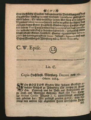Lit. C. Copia Hochfürstl. Würtzburg. Decreti vom 29. Octobr. 1684.