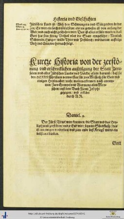 Kurtze Historia von der zerstörung und erschrecklichen außtilgung der Statt Jerusalem
