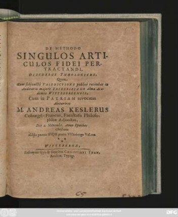 De Methodo Singulos Articulos Fidei Pertractandi, Discursus Theologicus