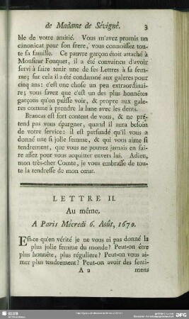 Lettre II. Au même. A Paris, Mécredi 6. Août, 1670