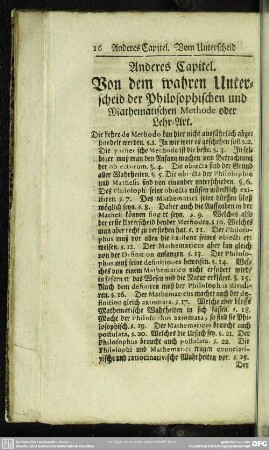Anderes Capitel. Von dem wahren Unterscheid der Philosphischen und Mathematischen Methode oder Lehr-Art