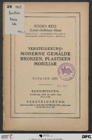 Versteigerung: moderne Gemälde, Bronzen, Plastiken, Mobiliar : Versteigerung 29. Juni bis 1. Juli 1925 (Katalog Nr. 66)