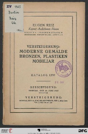 Versteigerung: moderne Gemälde, Bronzen, Plastiken, Mobiliar : Versteigerung 29. Juni bis 1. Juli 1925 (Katalog Nr. 66)