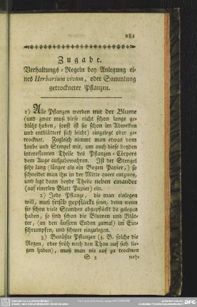 Verhaltens-Regeln bey Anlegung eines Herbarium vivum, oder Sammlung getrockneter Pflanzen