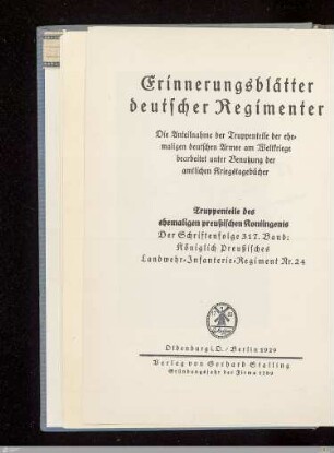 Das Königlich-Preußische Landwehr-Infanterie-Regiment Nr. 24 im Weltkriege