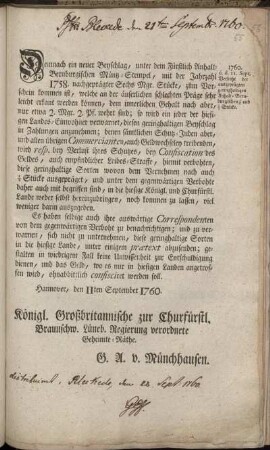 Demnach ein neuer Beyschlag, unter dem ... Müntz-Stempel ... zum Vorschein kommen ist, welche an der äuserlichen schlechten Präge sehr leicht erkant werden können ... : Hannover, den 11ten September 1760.