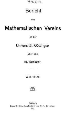 86.1911/12: Bericht des Mathematischen Vereins an der Universität Göttingen