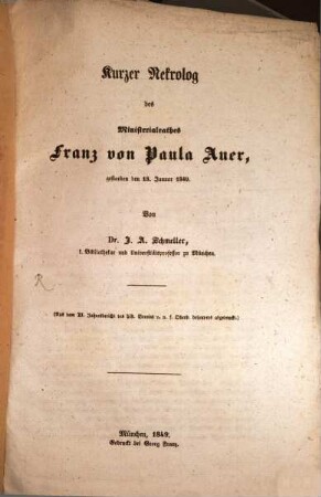 Kurzer Nekrolog des Ministerialrathes Franz von Paula Auer : gestorben den 18. Januar 1849