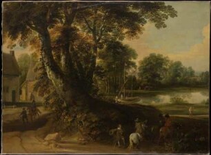 Landschaft mit einer Baumgruppe an einem Seeufer, vorn am Wege drei Reiter