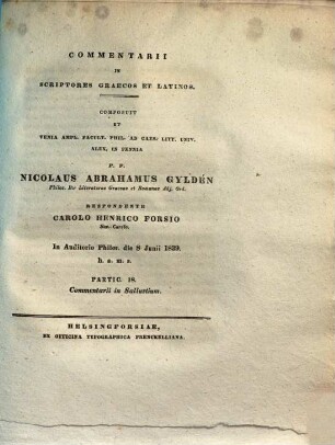 Commentarii in scriptores Graecos et Latinos, Partic. 18.. Commentarii in Sallustium