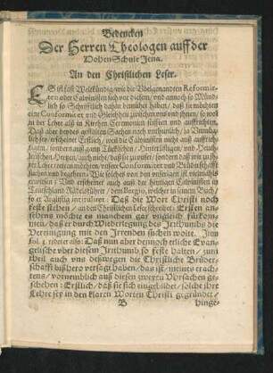 Bedencken Der Herren Theologen auff der DohenSchule Jena.