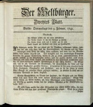 Zweytes Blatt. Berlin, Donnerstags den 9. Februar 1741.