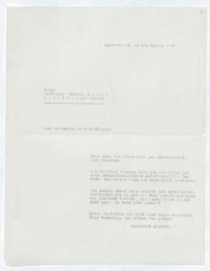 Brief von Gerhart Hauptmann an Robert Faesi