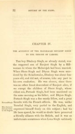Chapter IV. The accession of the Maharajah Dhuleep Singh to the throne of Lahore