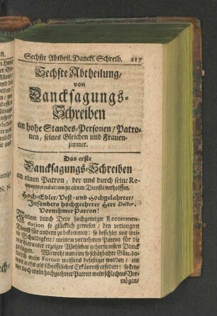 Sechste Abtheilung, von Dancksagungs-Schreiben an hohe Standes-Personen / Patronen, seines Gleichen und Frauen-zimmer.