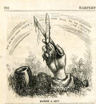 March 4, 1877 : aus Schlamm taucht eine Hand mit einer schmutzigen Schere auf, die die Presse darstellt