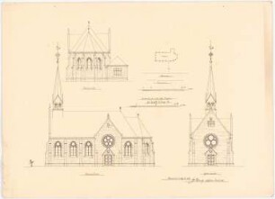 Herz-Jesu-Kirche, Grafeld: Situationsplan 1:500, Choransicht, Ansicht der Straßenfront (Süden) und Giebelansicht 1:100