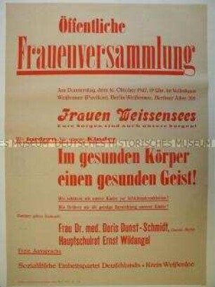 Maueranschlag mit Ankündigung einer Frauenversammlung in Berlin-Weissensee zum Thema Gesundheitsvorsorge und geistige Entwicklung bei Kindern
