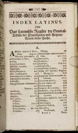 Index Latinus. Oder Das Lateinische Register der General-Tituln der Kranckheiten und Artzney-Mitteln dieses Buchs.