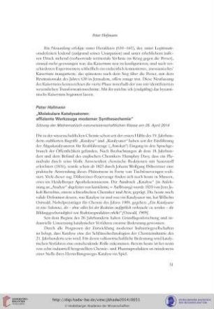 Molekulare Katalysatoren: effiziente Werkzeuge moderner Synthesechemie : Sitzung der Mathematisch-naturwissenschaftlichen Klasse am 25. April 2014