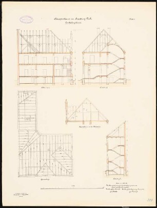 Hauptzollamt, Strasburg Geschäftsgebäude: Sparrenlage, Längsschnitt, Querschnitte 1:100