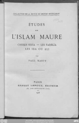 Études sur l'Islam maure : Cheikh Sidïa ; les Faḍelïa, les Ida ou Ạli