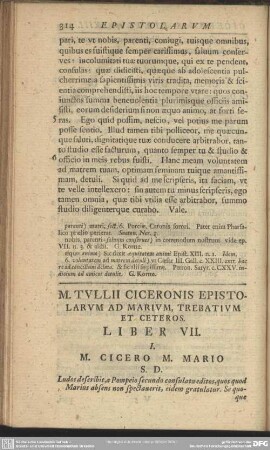 M. Tullii Ciceronis Epistolarum Ad Marium, Trebatium Et Ceteros Liber VII.