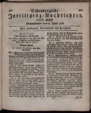 XVI. Stück: Sonnabends: den 29. Junii 1776.