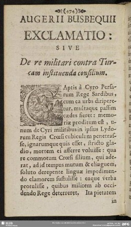 Augerii Busbequii Exclamatio: Sive De re militari contra Turcam instituenda consilium