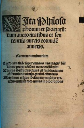 Vita philosophorum et poetarum : cum auctoritatibus et sententiis aureis eorundem annexis