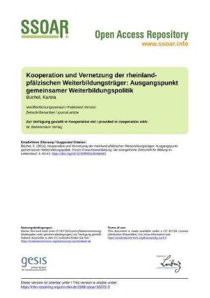 Kooperation und Vernetzung der rheinland-pfälzischen Weiterbildungsträger: Ausgangspunkt gemeinsamer Weiterbildungspolitik