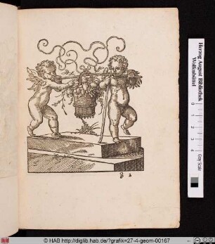 Zwei Putti mit Fruchtkorb.