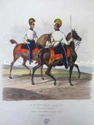 Uniformdarstellung, Stabsoffizier und Regiments-Adjutant des Dragoner-Regiments zu Pferd, Österreich, 1840. Tafel aus: Trentsensky: K.K. Oesterreichische Armée nach der neuen Adjustirung.